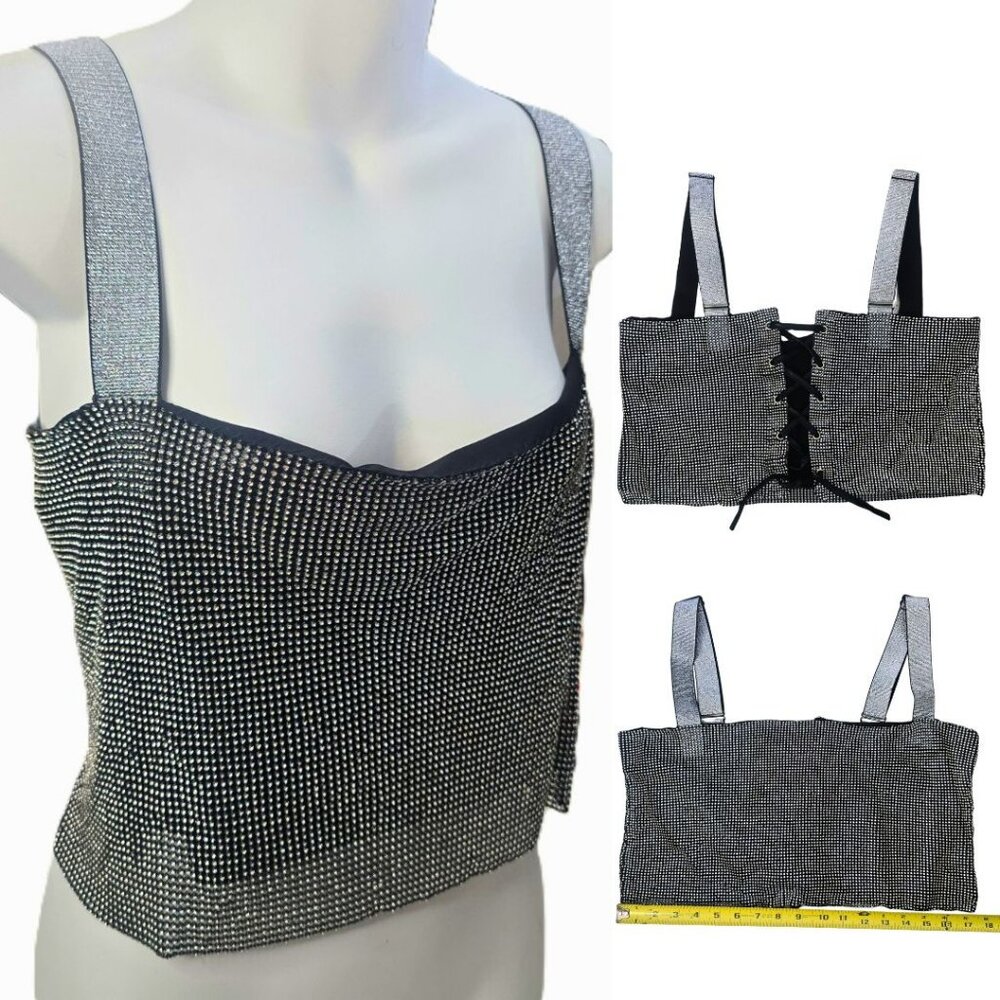 Rhinestone Crop Tank Top Womens M Silver Crystal Mesh Lace Up Back Clubwear - Picture 8 of 8